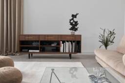 Veneer Walnut Long Tv Cabinet With Winly Shelves Cable Hole Option Sideboard in Modern Mid-Century Style For Living Room Bedroom Livlo O-S07