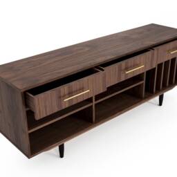 Veneer Walnut Long Tv Cabinet With Winly Shelves Cable Hole Option Sideboard in Modern Mid-Century Style For Living Room Bedroom Livlo O-S07 - thumbnail 4