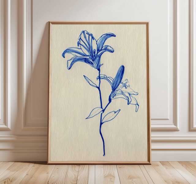 Blue Botanical Line Art Print, Minimal Flower Illustration, Modern Scandinavian Wall Art, Elegant Contemporary Home Decor - image 1