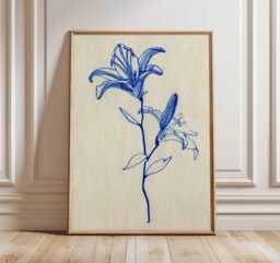 Blue Botanical Line Art Print, Minimal Flower Illustration, Modern Scandinavian Wall Art, Elegant Contemporary Home Decor - thumbnail 1