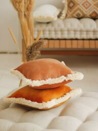 Caramel Soft Velvet Cushion With Fringe, Decorative Pillow, Velvet Sofa Cushion, Pillow For Living Room, Exclusive - thumbnail 1