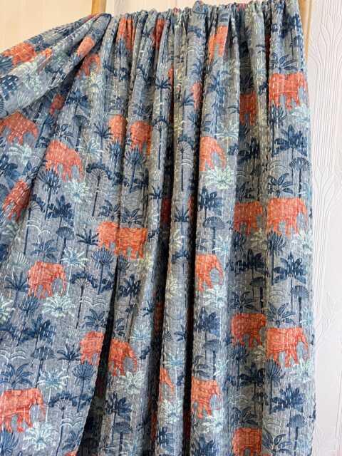 Kantha Stitch Pure Cotton Reversible Bed/Sofa Throw King Size - Block-Print Floral Dohar Steel Blue Grey Orange Animalia Elephant Forest - image 1