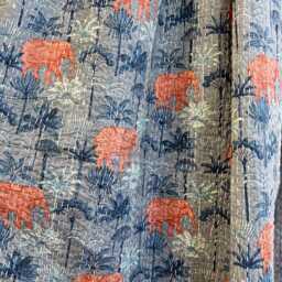 Kantha Stitch Pure Cotton Reversible Bed/Sofa Throw King Size - Block-Print Floral Dohar Steel Blue Grey Orange Animalia Elephant Forest - thumbnail 4