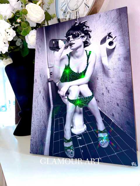 Glam Toilet Art, Bougie Girl Drinking, Green Rhinestone Embellished Print - image 1