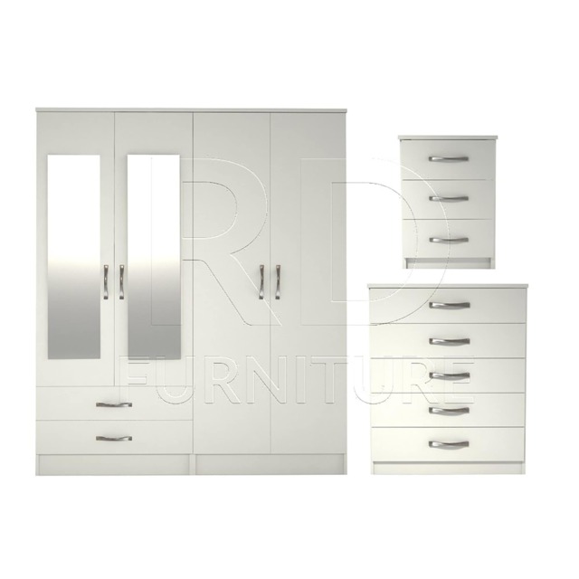 Bedroom Set, White Set, Wardrobe, Mirrored Chest Of Drawers & Bedside Table. Ready Assembled - image 1