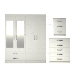 Bedroom Set, White Set, Wardrobe, Mirrored Chest Of Drawers & Bedside Table. Ready Assembled