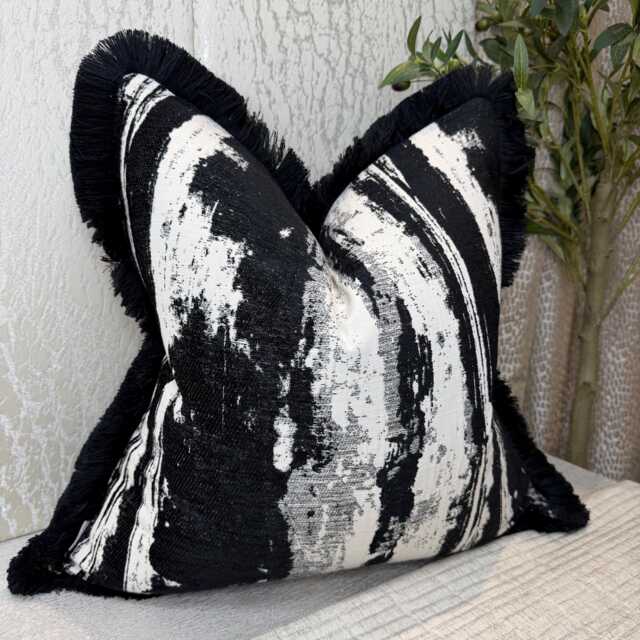 Black Cream Marble Fringe Cushion Cover Clarke & Fabric Modern Monochrome Pillow Case - image 1