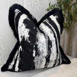 Black Cream Marble Fringe Cushion Cover Clarke & Fabric Modern Monochrome Pillow Case - thumbnail 1