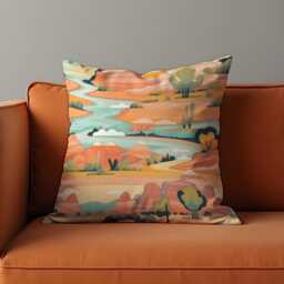 Desert Landscape Cushion Cover, Colorful Canyon River Illustration Pillow Case, Southwestern Scenic Throw Boho Home Decor - thumbnail 1