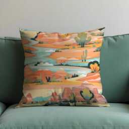 Desert Landscape Cushion Cover, Colorful Canyon River Illustration Pillow Case, Southwestern Scenic Throw Boho Home Decor - thumbnail 2