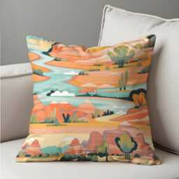 Desert Landscape Cushion Cover, Colorful Canyon River Illustration Pillow Case, Southwestern Scenic Throw Boho Home Decor - thumbnail 3