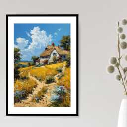 Countryside Cottage - Abstract Art Country Field Flower Summer Wall Print Gift Idea Bespoke Poster A5 A4 A3 Framed Or Unframed - thumbnail 3