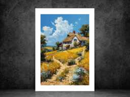 Countryside Cottage - Abstract Art Country Field Flower Summer Wall Print Gift Idea Bespoke Poster A5 A4 A3 Framed Or Unframed - thumbnail 1