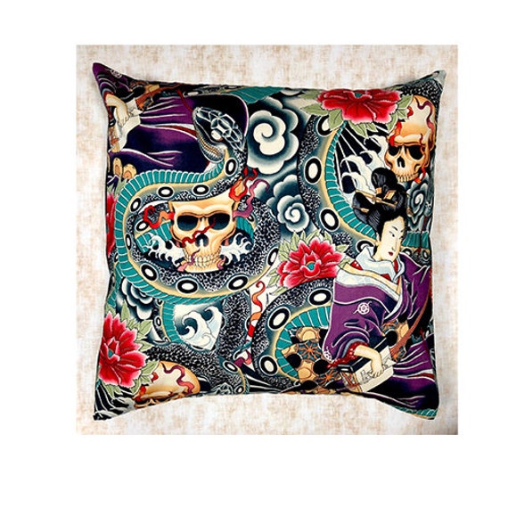 Awesome Japanese Tattoo Style Design With Geisha, Snakes & Skulls ~ Cushion Cover Fits An 18 - image 1