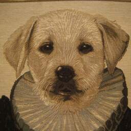 Sale Thierry Poncelet Yellow Labrador Puppy Red Coat Brown Frame Woven Tapestry Cushion Cover Sham - thumbnail 2