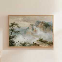 Misty Cliff Poster, Pine Mountain Print, Nature Wall Art, Paper