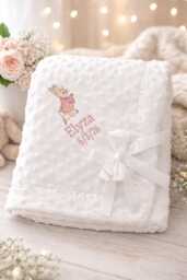 Personalised New in Peter Rabbit Embroidered Baby Dimple Bow Ribbon Trim Blanket 3 Colours Super Soft