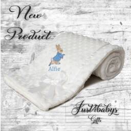 Personalised New in Peter Rabbit Embroidered Baby Dimple Bow Ribbon Trim Blanket 3 Colours Super Soft - thumbnail 2