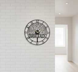 Personalized Metal Wall Clock With Names, Tree Of Life Design, Custom Family Name Clock, Oversized Farmhouse Modern - thumbnail 1