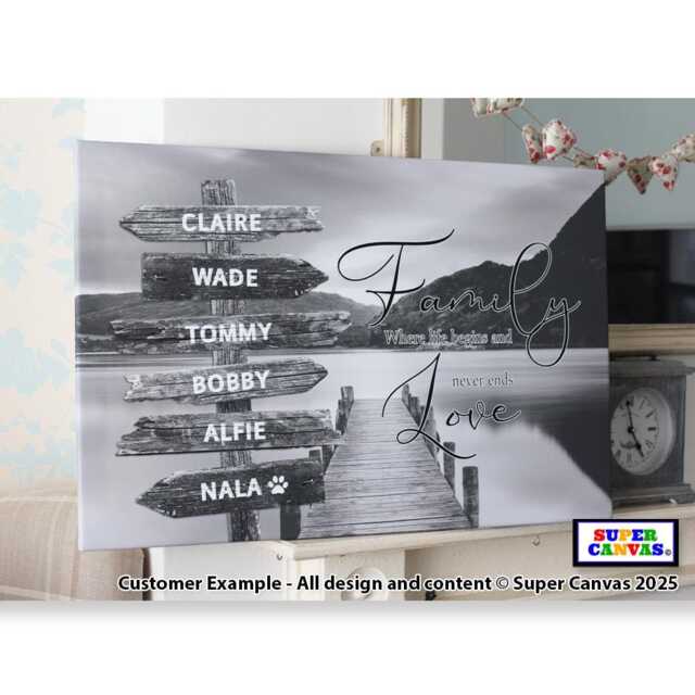 Family Sign Post Personalised Signpost Lake Picture Wall Art Framed Canvas Print Friend Wife Husband Mum Dad Birthday Gift - image 1