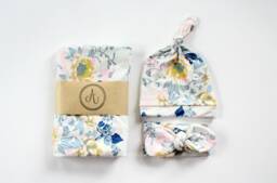 Baby Girl Floral Swaddle Set Newborn Knotted Headband Hat Butter Soft Pastel Wildflowers Blanket Navy Pink Grey Chartreuse - thumbnail 1