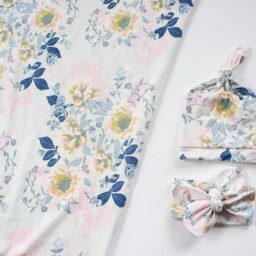 Baby Girl Floral Swaddle Set Newborn Knotted Headband Hat Butter Soft Pastel Wildflowers Blanket Navy Pink Grey Chartreuse - thumbnail 2