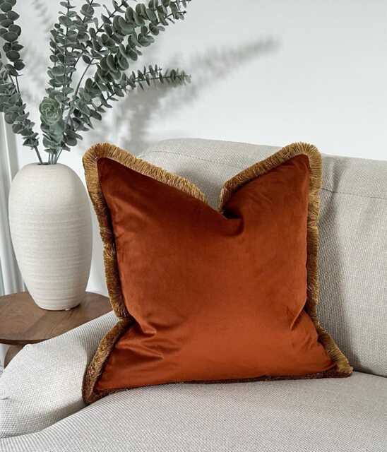 Burnt Orange Cushion Cover Velvet Throw Pillow With Fringe Trim - Multiple Sizes - image 1