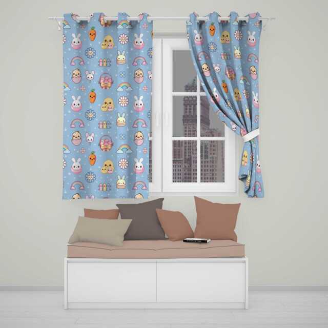 Easter Chick Bunny Carrot Rainbow Flower Sky Blue Background Seamless Pattern Readymade Eyelet Ring Top Thermal 100% Blackout Curtains - image 1