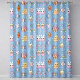 Easter Chick Bunny Carrot Rainbow Flower Sky Blue Background Seamless Pattern Readymade Eyelet Ring Top Thermal 100% Blackout Curtains - thumbnail 2