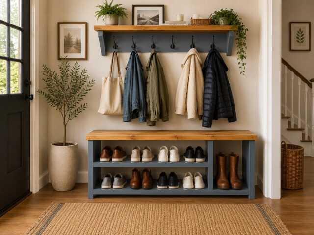 Farrow & Ball Boot & Shoe Bench With Coat Rack - Tall Storage Rustic Pine - image 1