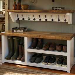 Farrow & Ball Boot & Shoe Bench With Coat Rack - Tall Storage Rustic Pine - thumbnail 3