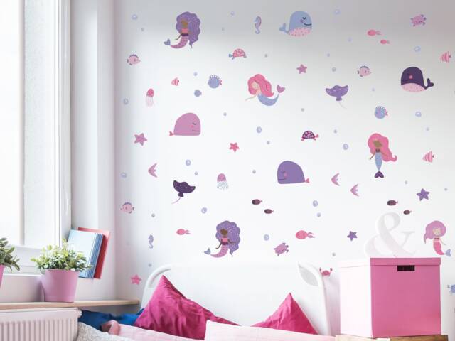 Mermaid & Whales Wall Sticker Pack, Pink Purple Decals, Stickers For Walls, Themed Room, Underwater Decal - image 1