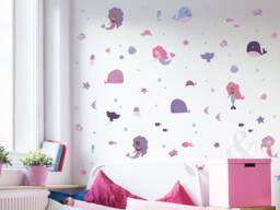 Mermaid & Whales Wall Sticker Pack, Pink Purple Decals, Stickers For Walls, Themed Room, Underwater Decal