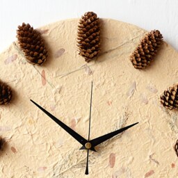Pine Cones Clock - Decoupage Mulberry Paper Woodland Botanical Round 12'' Wall Beige Brown - thumbnail 3