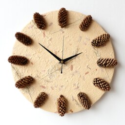 Pine Cones Clock - Decoupage Mulberry Paper Woodland Botanical Round 12'' Wall Beige Brown - thumbnail 2