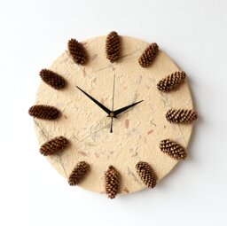 Pine Cones Clock - Decoupage Mulberry Paper Woodland Botanical Round 12'' Wall Beige Brown - thumbnail 1