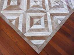 Handmade Cowhide Rug Diamond Patchwork Design - Beige, Caramel Tones - thumbnail 1