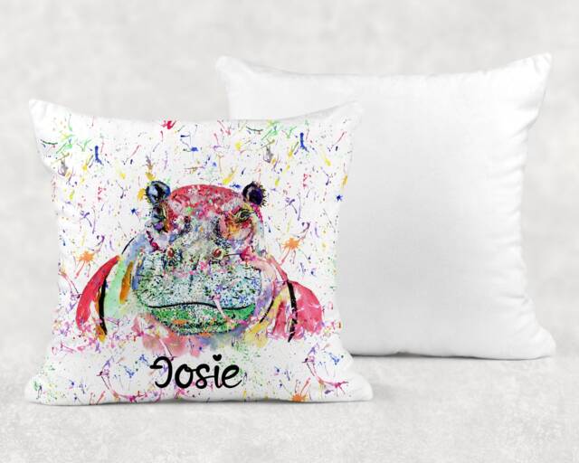 Personalised Watercolour Rainbow Hippo Cushion, Cuddle Pillow, Birthday Gift, Hippopotamus - image 1