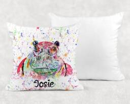 Personalised Watercolour Rainbow Hippo Cushion, Cuddle Pillow, Birthday Gift, Hippopotamus - thumbnail 1