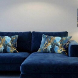 Handmade By Order Luxury Light Blue Marble & Gold Wave Abstract Pattern Velvet Cushion Covers Bespoke Sizes Available - thumbnail 2