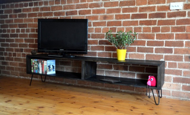 Handmade Charred Wood Media Console Mid-Century Modern Hairpin Legs - image 1