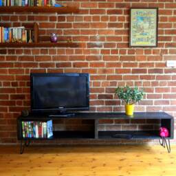 Handmade Charred Wood Media Console Mid-Century Modern Hairpin Legs - thumbnail 3