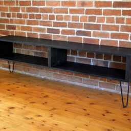 Handmade Charred Wood Media Console Mid-Century Modern Hairpin Legs - thumbnail 2