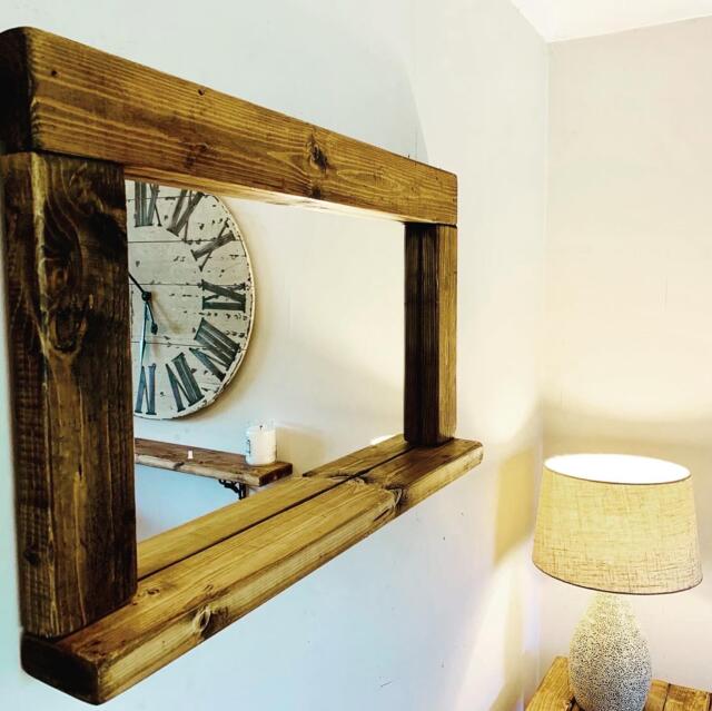 Handmade Waxed Wooden Mirror With Shelf - Rustic Farmhouse Wall Decor - image 1