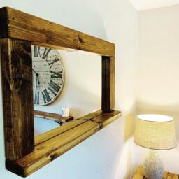 Handmade Waxed Wooden Mirror With Shelf - Rustic Farmhouse Wall Decor
