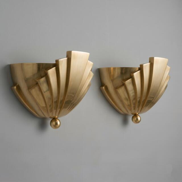 Art Deco Brass Sconce, Sunburst Shell Wall Lamp, Mid Century Modern Lighting Fixture - image 1