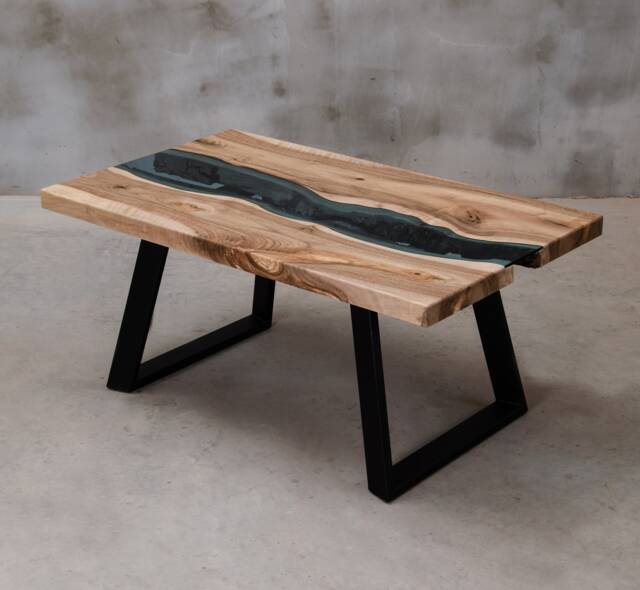 Custom Live Edge Table With Blue Glass, River Table, Walnut Coffee Unique Modern For Office - image 1