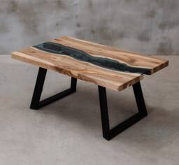 Custom Live Edge Table With Blue Glass, River Table, Walnut Coffee Unique Modern For Office