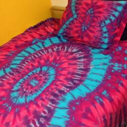Tie-Dyed Twin Comforter Cover Set, Fractal in Pink Purple, Sateen Cotton, Hand-Dyed, Ready To Ship