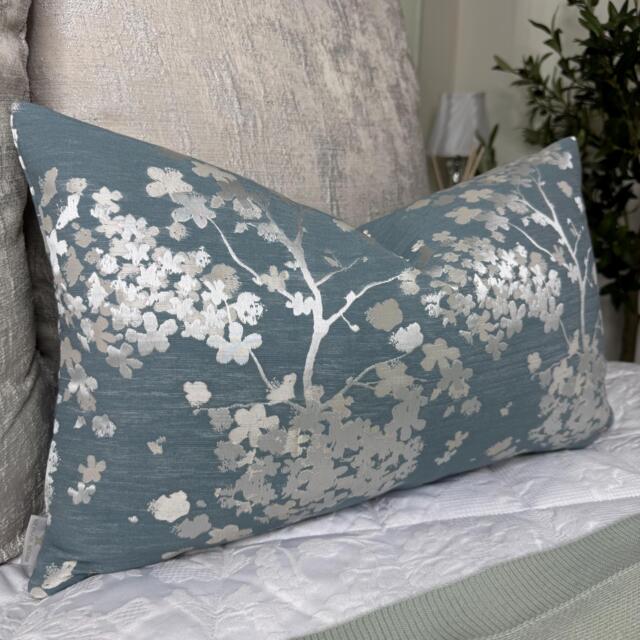 Blue Floral Cushion Cover Silver Flowers Decorative Pillow Country Darcey Fabric Case , All Sizes - image 1